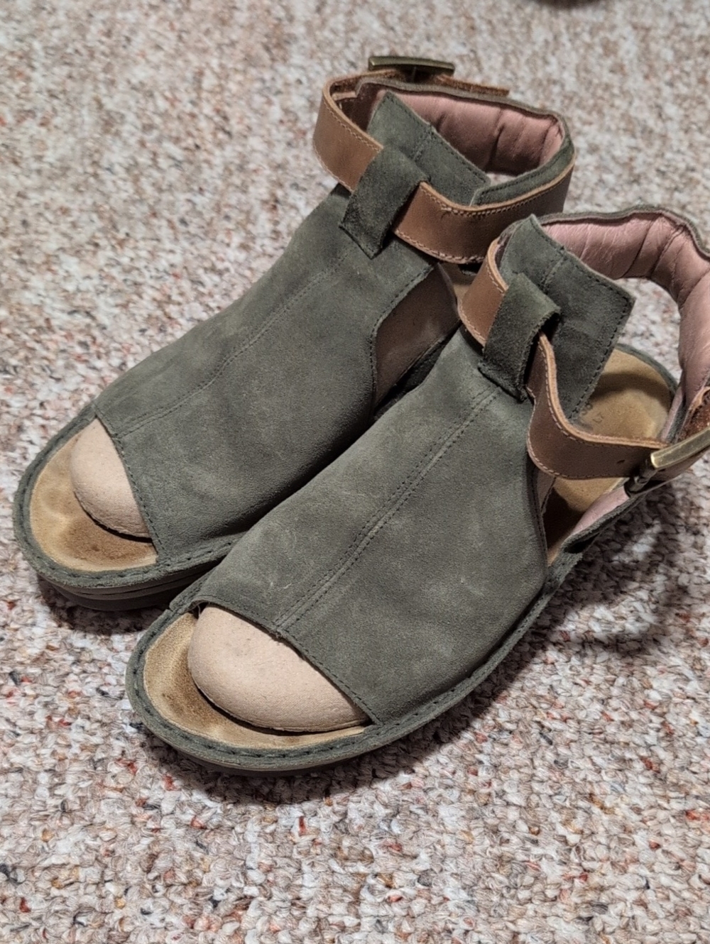 Naot Olive Suede Open-Toe Ankle Sandals with Tan Strap